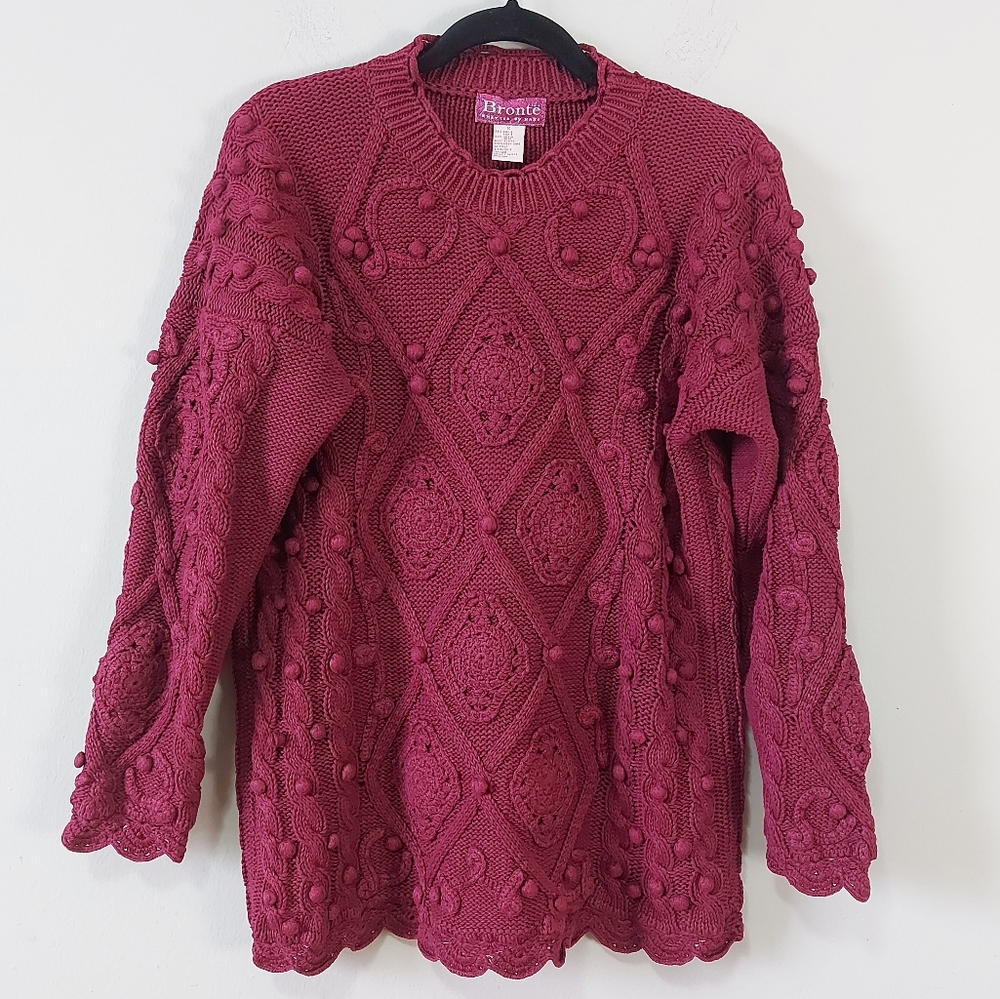 Bronte Women Retro Cotton Cable Hand Knit Sweater Small Burgundy Chunky Stretch